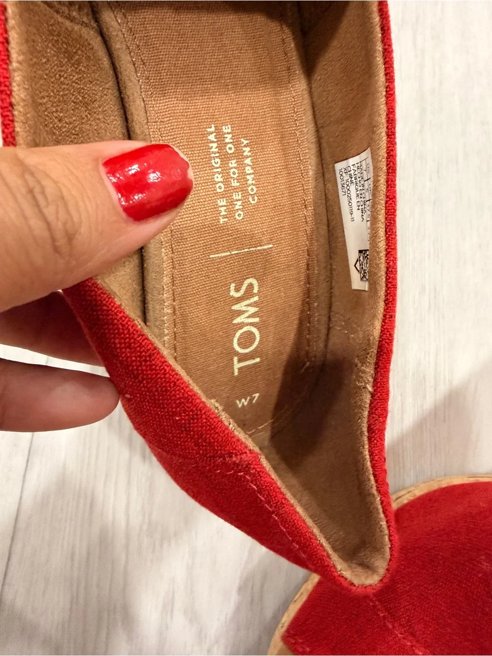 TOMS Red Canvas Cork Wedge Peep Toe Slip On Heels‎ Size 7
